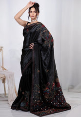 Black Crush Tissue Kantha Silk Saree With Blouse Piece - Adi Akshoy & co.