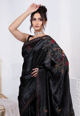 Black Crush Tissue Kantha Silk Saree With Blouse Piece - Adi Akshoy & co.