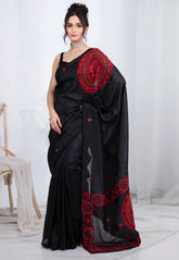 Black Crush Tissue Kantha Silk Saree With Blouse Piece - Adi Akshoy & co.