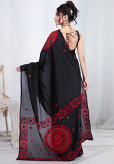 Black Crush Tissue Kantha Silk Saree With Blouse Piece - Adi Akshoy & co.