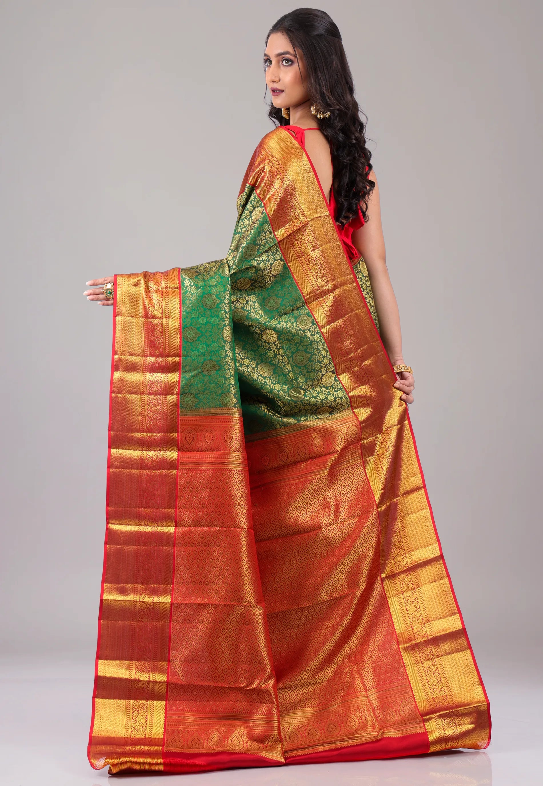 Rama Green with Golden Border Pure Kanjivaram Silk Saree With Blouse Piece -Adi Akshoy & Co.