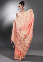 Peach Katan Silk Saree with Blouse Piece - Adi Akshoy & Co.