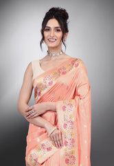 Peach Katan Silk Saree with Blouse Piece - Adi Akshoy & Co.