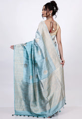 Icy Blue Pure Tussar Silk Saree with Blouse Piece - Adi Akshoy & Co.