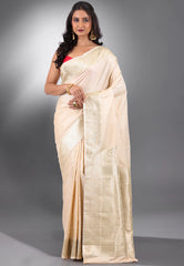 Beige Katan Silk Saree With Blouse Piece - Adi Akshoy & Co.