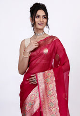 Red Pure Kora Silk Saree with Blouse Piece - Adi Akshoy & Co.