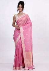 Baby Pink Pure Kora Silk Saree with Blouse Piece - Adi Akshoy & Co.