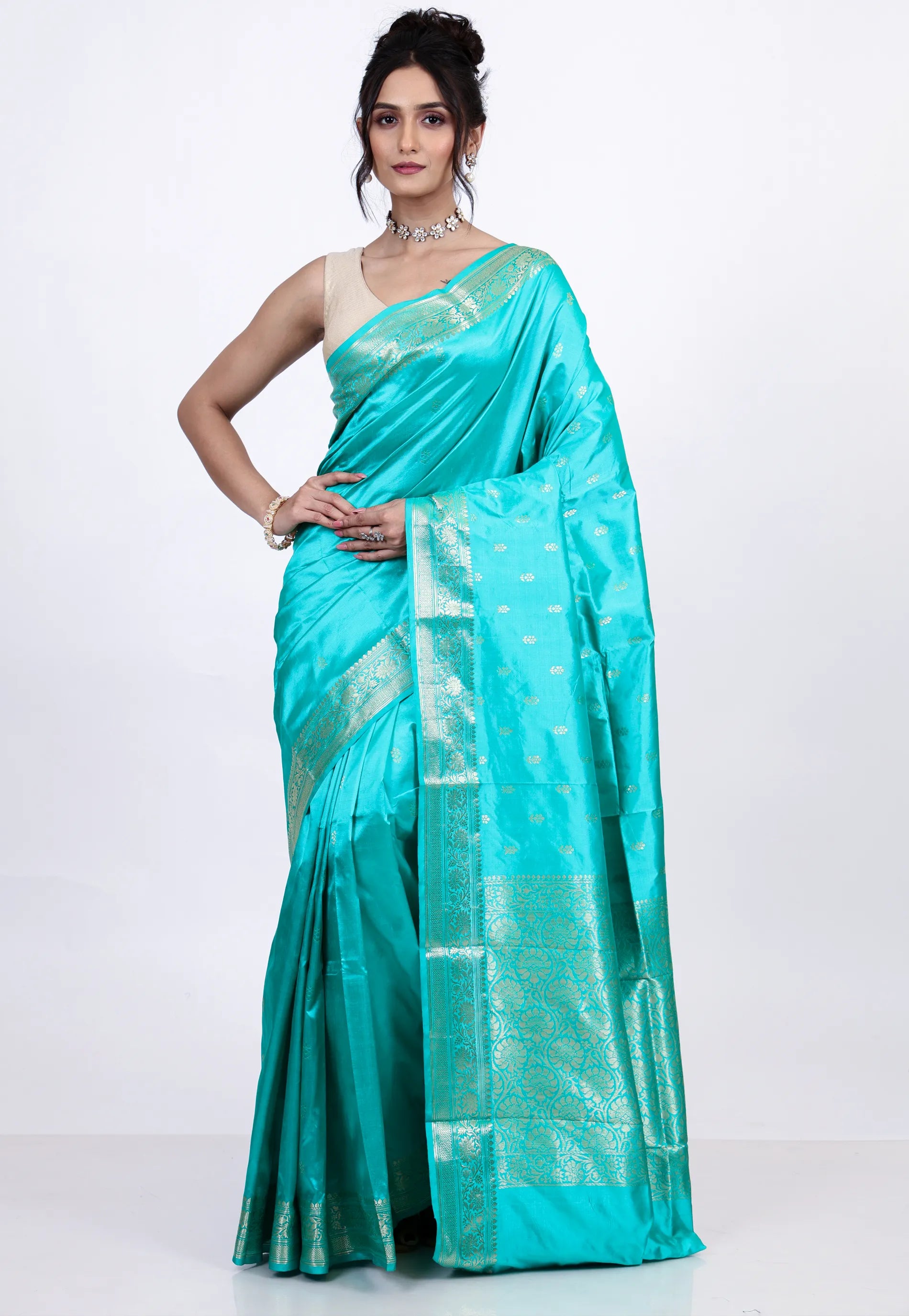 Cross Aqua Blue Pure Katan Silk Saree with Blouse Piece - Adi Akshoy & Co.