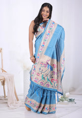 Feroza Blue Tussar Silk Saree with Blouse Piece – Adi Akshoy & Co.