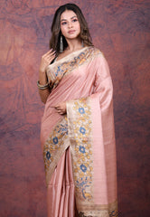 Pink Tussar Kalamkari Silk Saree with Blouse Piece - Adi Akshoy & Co.