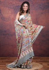 Beige Tussar Kalamkari Silk Saree with Blouse Piece - Adi Akshoy & Co.