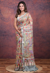 Beige Tussar Kalamkari Silk Saree with Blouse Piece - Adi Akshoy & Co.