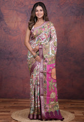 White Tussar Kalamkari Silk Saree with Blouse Piece - Adi Akshoy & Co.
