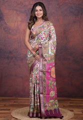 White Tussar Kalamkari Silk Saree with Blouse Piece - Adi Akshoy & Co.