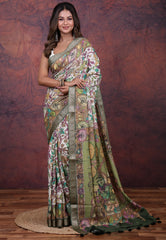 White Tussar Kalamkari Silk Saree with Blouse Piece - Adi Akshoy & Co.
