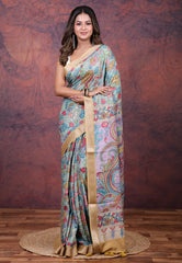 Light Blue Tussar Kalamkari Silk Saree with Blouse Piece - Adi Akshoy & Co.