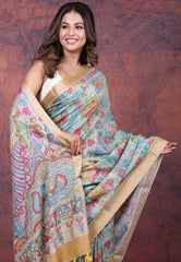 Light Blue Tussar Kalamkari Silk Saree with Blouse Piece - Adi Akshoy & Co.