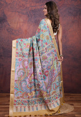 Light Blue Tussar Kalamkari Silk Saree with Blouse Piece - Adi Akshoy & Co.