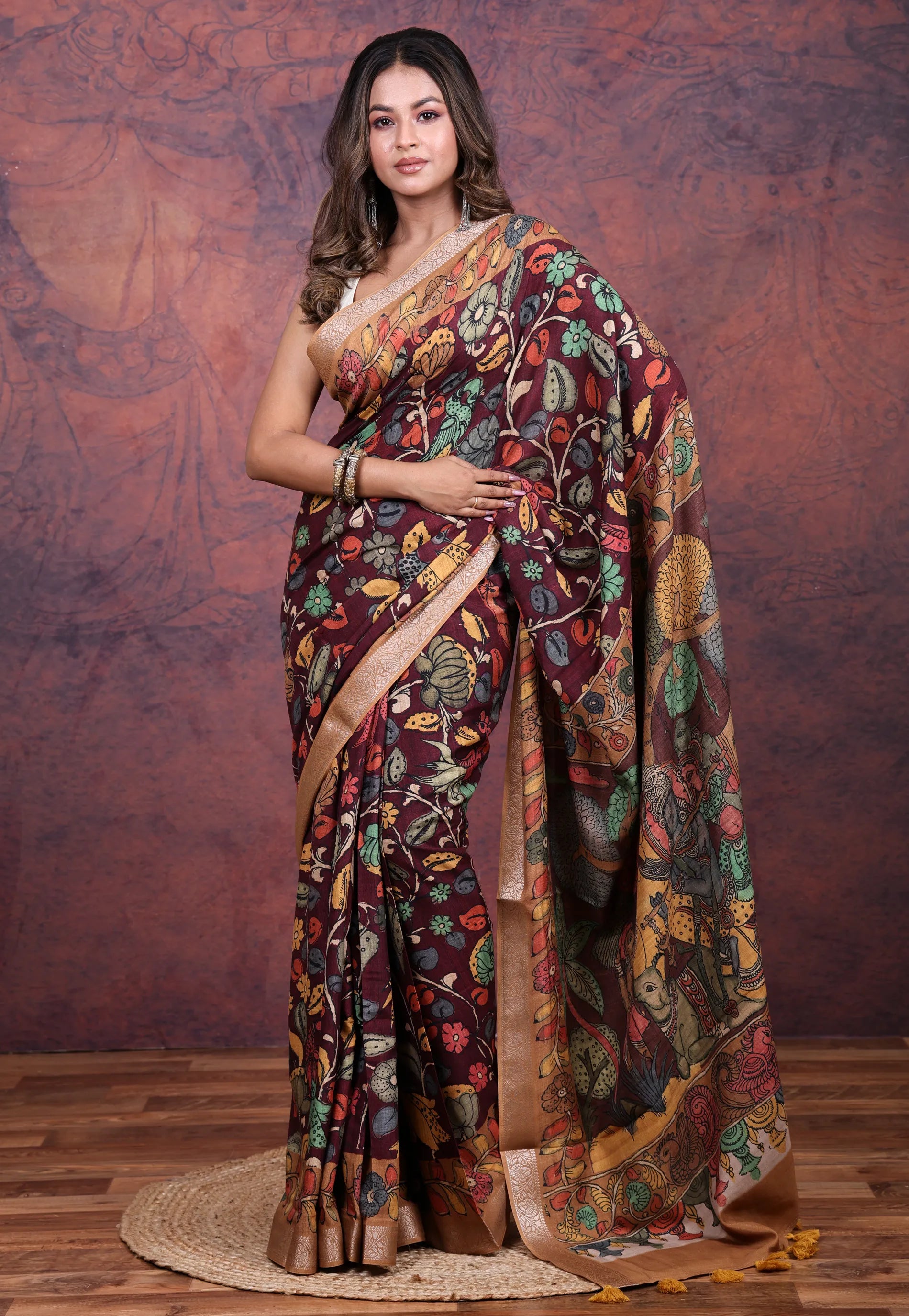 Maroon Tussar Kalamkari Silk Saree with Blouse Piece - Adi Akshoy & Co.