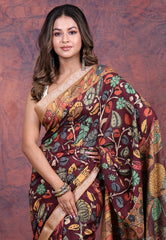 Maroon Tussar Kalamkari Silk Saree with Blouse Piece - Adi Akshoy & Co.