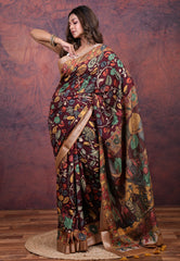 Maroon Tussar Kalamkari Silk Saree with Blouse Piece - Adi Akshoy & Co.