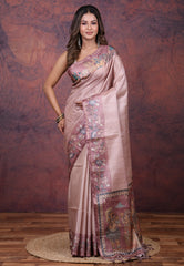 Mauve Tussar Kalamkari Silk Saree with Blouse Piece - Adi Akshoy & Co.