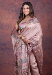 Mauve Tussar Kalamkari Silk Saree with Blouse Piece - Adi Akshoy & Co.