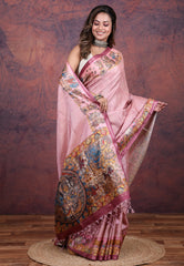 Onion pink Tussar Kalamkari Silk Saree with Blouse Piece - Adi Akshoy & Co.