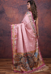 Onion pink Tussar Kalamkari Silk Saree with Blouse Piece - Adi Akshoy & Co.