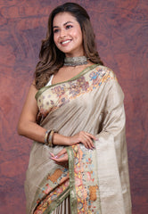 Gray Tussar Kalamkari Silk Saree with Blouse Piece - Adi Akshoy & Co.