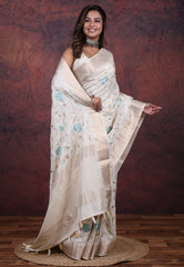 Silver Cream Colour Tussar Kantha Silk Saree With Blouse Piece - Adi Akshoy & Co.