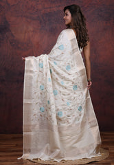 Silver Cream Colour Tussar Kantha Silk Saree With Blouse Piece - Adi Akshoy & Co.