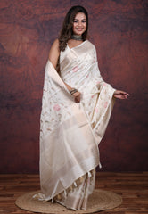 Silver Cream Colour Tussar Kantha Silk Saree With Blouse Piece - Adi Akshoy & Co.