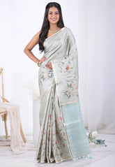 Sage Green Tussar Silk Saree with Blouse Piece – Adi Akshoy & Co.