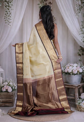 Cream Colour with Magenta contrast Pure Kanjivaram Silk Saree with Blouse Piece - Adi Akshoy & Co.