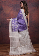 Blue Tussar Kantha Silk Saree With Blouse Piece - Adi Akshoy & Co.