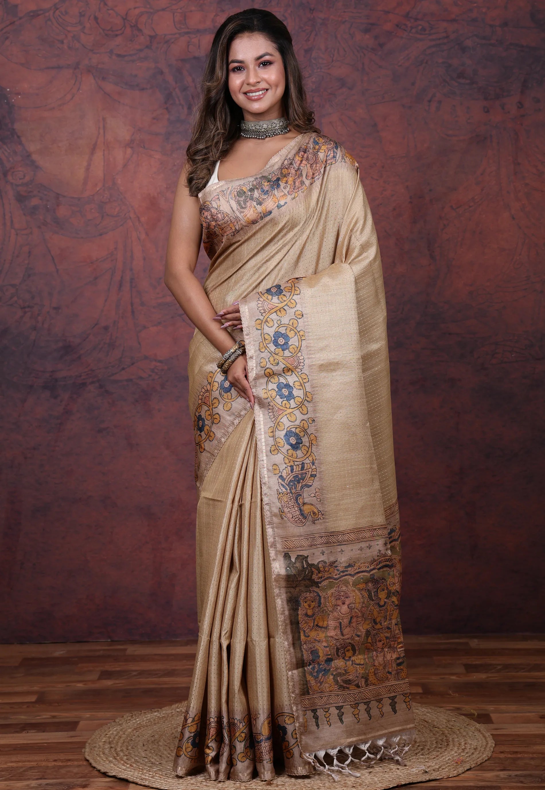 Tussar Colour Tussar Kalamkari Silk Saree with Blouse Piece - Adi Akshoy & Co.