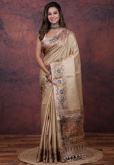 Tussar Colour Tussar Kalamkari Silk Saree with Blouse Piece - Adi Akshoy & Co.