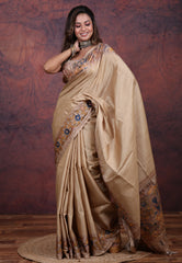 Tussar Colour Tussar Kalamkari Silk Saree with Blouse Piece - Adi Akshoy & Co.