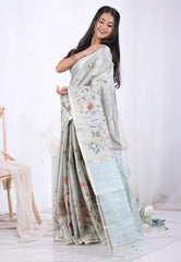 Sage Green Tussar Silk Saree with Blouse Piece – Adi Akshoy & Co.
