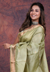 Olive Green Pure Tussar Dhakai Jamdani Saree with Blouse Piece - Adi Akshoy & Co.