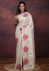 Cream White Tussar Kantha Silk Saree With Blouse Piece - Adi Akshoy & Co.