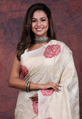 Cream White Tussar Kantha Silk Saree With Blouse Piece - Adi Akshoy & Co.