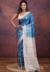 Firoza Blue Tussar Kantha Silk Saree With Blouse Piece - Adi Akshoy & Co.
