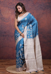 Firoza Blue Tussar Kantha Silk Saree With Blouse Piece - Adi Akshoy & Co.