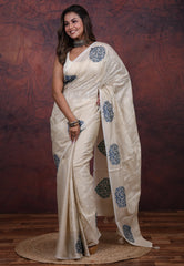 Silver White Tussar Kantha Silk Saree With Blouse Piece - Adi Akshoy & Co.