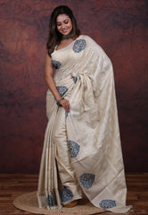 Silver White Tussar Kantha Silk Saree With Blouse Piece - Adi Akshoy & Co.