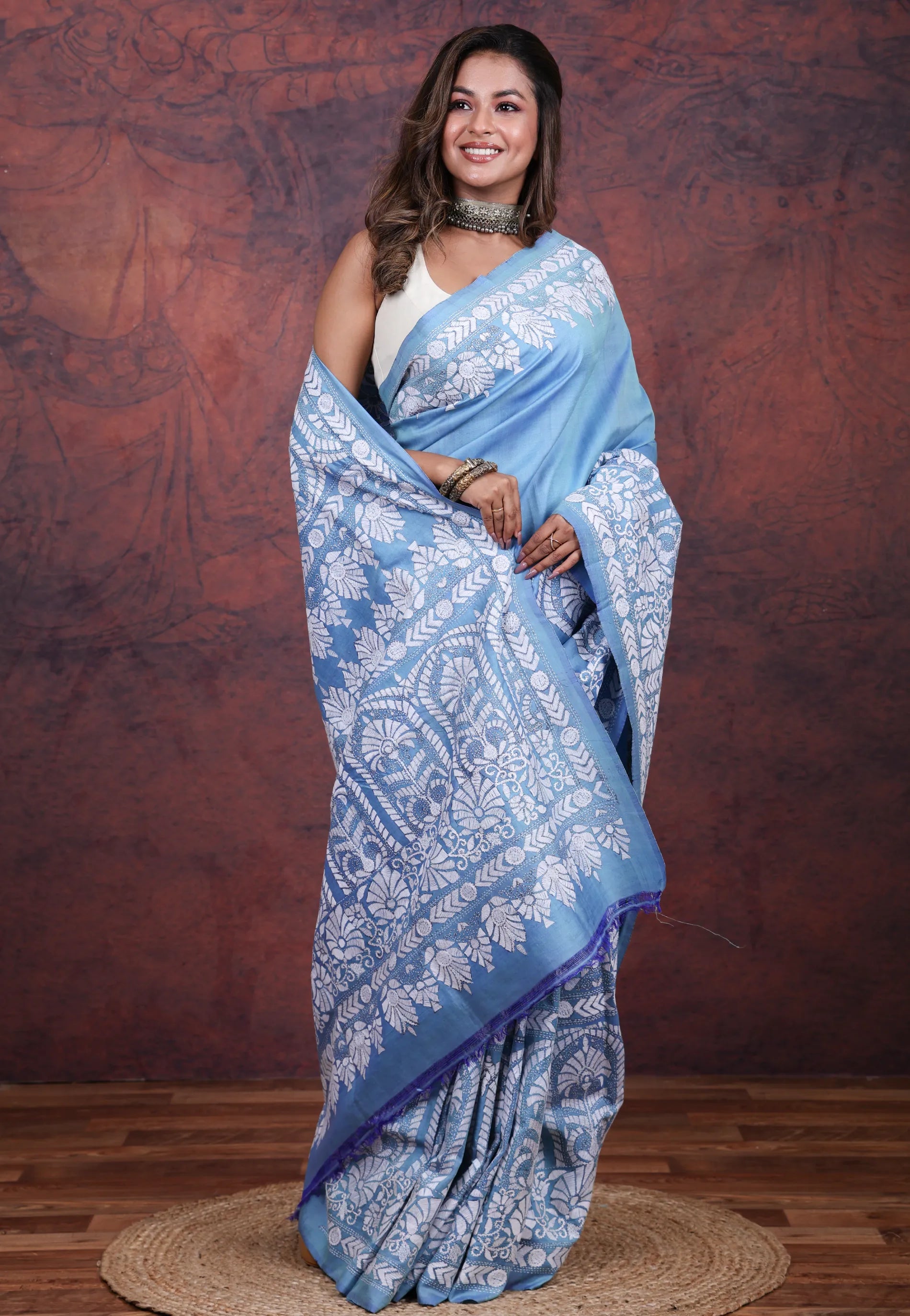 Sky Blue Pure Tussar Kantha Silk Saree With Blouse Piece - Adi Akshoy & Co.