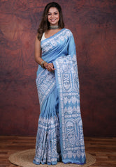 Sky Blue Pure Tussar Kantha Silk Saree With Blouse Piece - Adi Akshoy & Co.