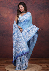 Sky Blue Pure Tussar Kantha Silk Saree With Blouse Piece - Adi Akshoy & Co.
